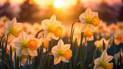 Spring daffodils glow in the golden sunset light, embodying renewal and the promise of hope. Ai Generated. - obrazy, fototapety, plakaty