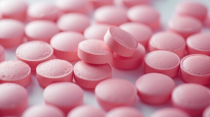 Pink tablet pills neatly arranged on a white background, symbolizing medical care and well-being, Ai Generated.