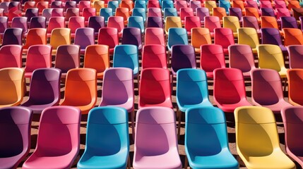 Obraz premium Rows of colorful chairs create a lively and dynamic scene, a burst of chromatic harmony, Ai Generated.