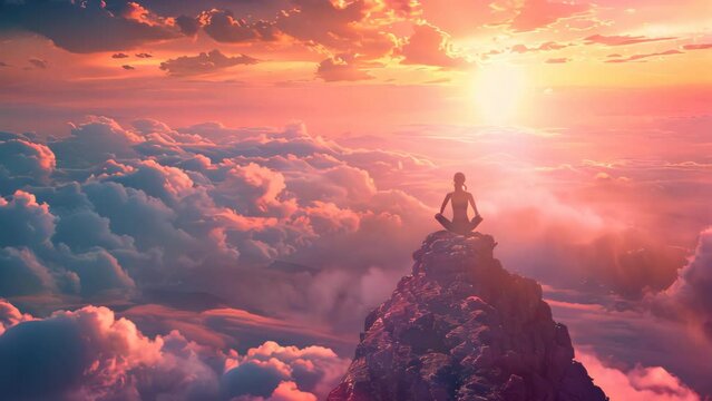 Man practicing yoga on a mountain peak during a beautiful sunset