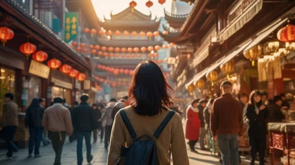 Photo sur Aluminium Etats Unis Market street. Chinese tourists walk along city street during Asian holiday. Asian women's journey