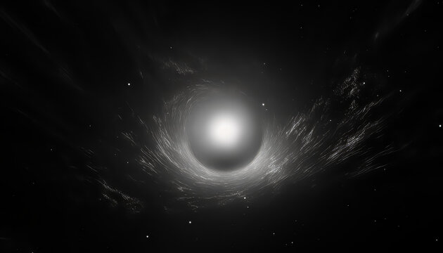 A black and white image of a starry sky with a sun in the middle