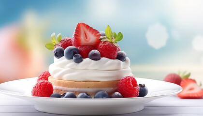 A cake with strawberries, blueberries, and raspberries on top