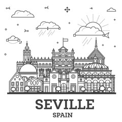 Fototapeta premium Outline Seville Spain City Skyline with Historic Buildings Isolated on White. Illustration. Seville Cityscape with Landmarks.