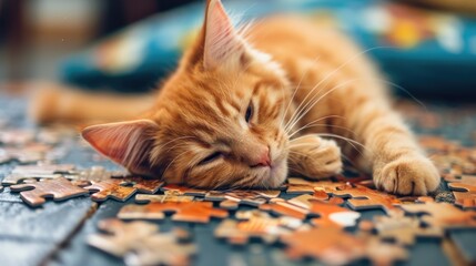 Cute cat engrossed in a jigsaw puzzle, adding a whimsical touch, Ai Generated.