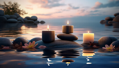 A group of candles are floating on the surface of a body of water