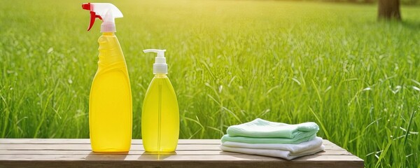 Cleaning supplies and cloth towel on wooden table. Bottles of cleaning products on a wooden surface outdoors. Green field and sky backdrop. Products for eco-friendly cleaning.