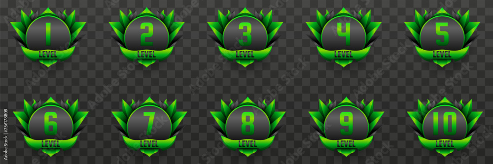 Poster abstract game level up badges with black and green colors for game ui designs