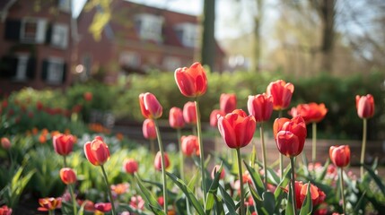 Obraz premium A breathtaking landscape adorned with vibrant and colorful tulips. Ai Generated.