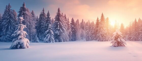 Pine trees adorned with snow on a frosty evening, creating a beautiful panorama. Ai Generated.