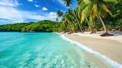 Paradise beach with palm trees, calm ocean, sunshine, and a blue sky in a panoramic banner. Ai Generated.