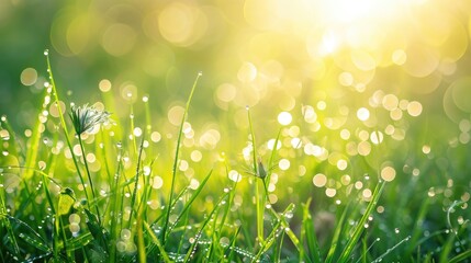 A natural canvas of green grass and wildflowers adorned with dew and water drops, kissed by sunlight. Ai Generated. - obrazy, fototapety, plakaty