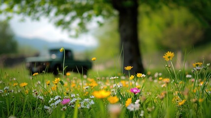 Spring flowers dot the grass with a tree trunk in the background, showcasing natural beauty. Ai Generated.
