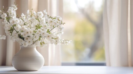 Simple interior, Scandinavian style. White flowers in a vase on the table near the window with curtains