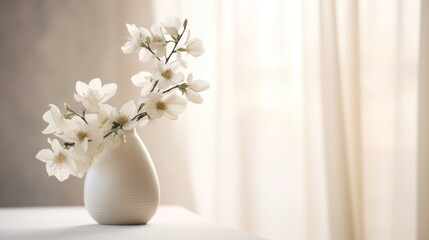 Simple interior, Scandinavian style. White flowers in a vase on the table near the window with curtains
