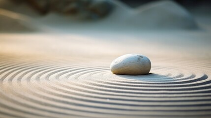 Japanese Zen garden with round stones in raked sand. Tranquility.