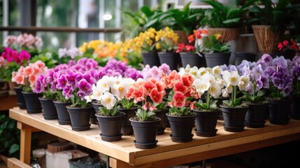 Colorful blooming flowers in pots are displayed on the shelves of a flower shop.