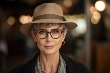 Middle-aged woman, short hair, elegant looking, fashionably dressed, wearing a hat and glasses, blurred background. - obrazy, fototapety, plakaty