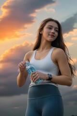 Woman trying to drink water after exercise. Sunset background. A woman wearing a crop top and leggings.