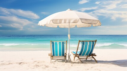 A stunning beach banner showcases white sand chairs and an umbrella, inviting relaxation by the sea. Ai Generated.