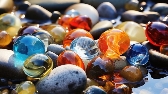 Assorted glass marbles are scattered among river stones, forming a vibrant and playful mosaic of colors and textures. Ai Generated