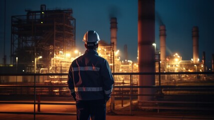 Image of an electrical engineer standing at a power station to see the planning of electricity production.