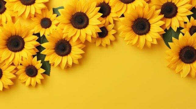 Sunflower vector on yellow background Seeds and oils Flat lay top view, copy space