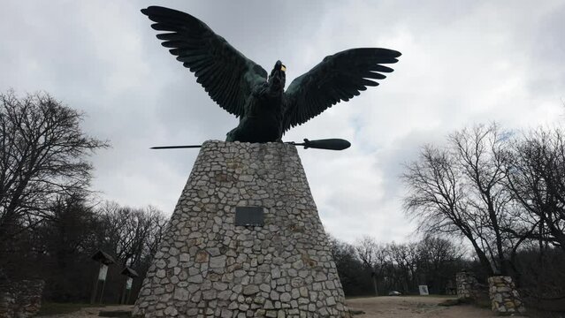 Turul memorial, Hungarian historical and mythological monument with the surrounding park in Tatabanya.