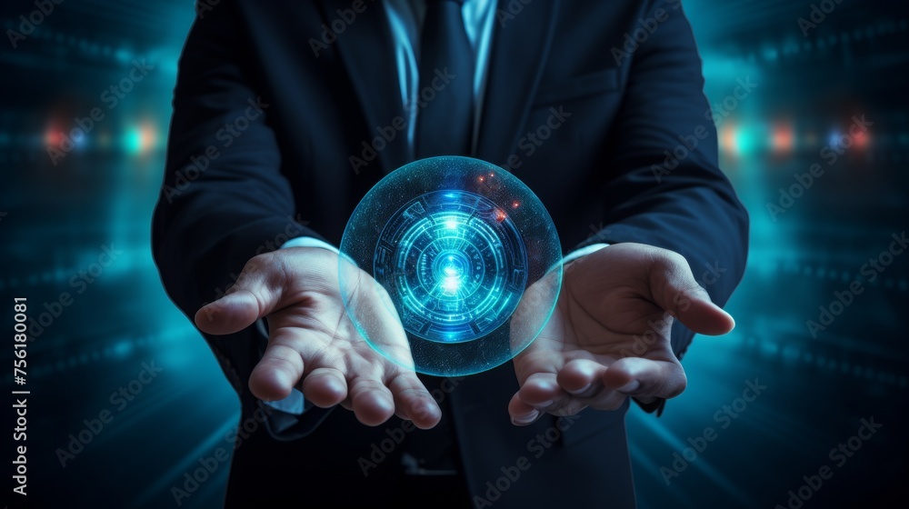 Poster businessman holding security button on virtual screens, technology internet and networking concept