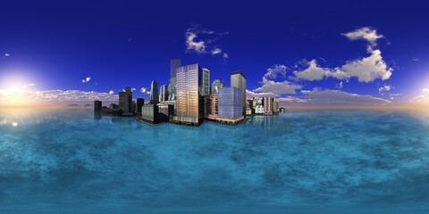 HDRI, environment map, Round panorama, spherical panorama, equidistant projection, city above water
3D rendering