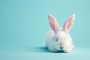 Fototapeta premium White rabbit ears on pastel blue background with copy space.Easter concept.