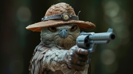 a bird in a hat brandishing a gun. Ai Generated. - obrazy, fototapety, plakaty