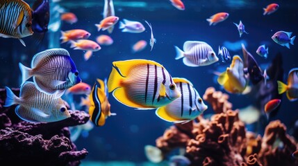 Fototapeta na wymiar Colorful tropical discus fish gracefully navigate vibrant coral reefs, Ai Generated.
