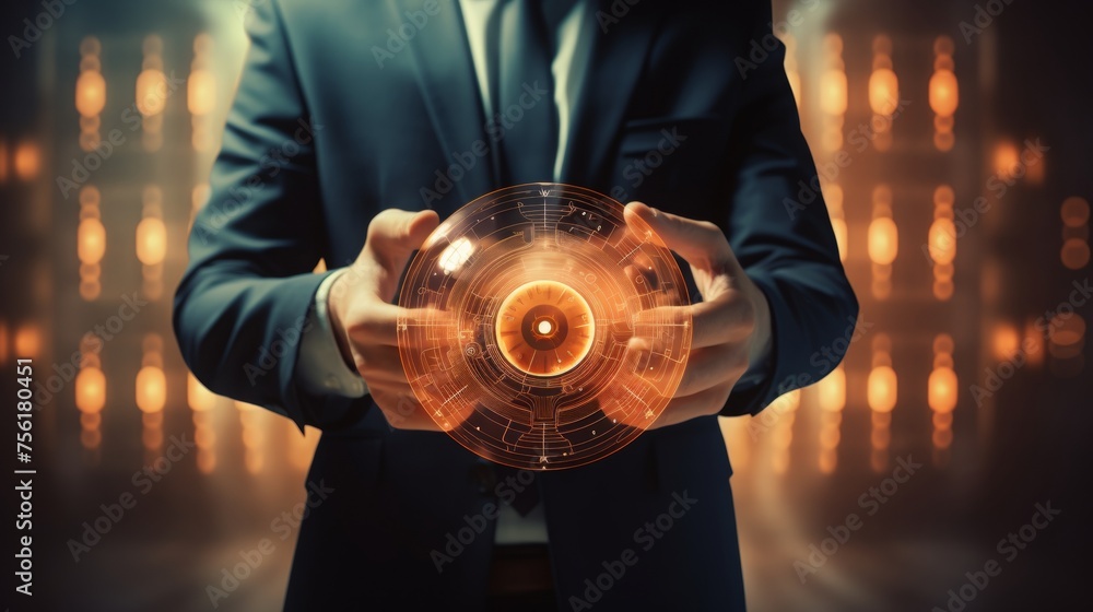 Poster businessman holding security button on virtual screens, technology internet and networking concept