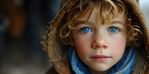 Close up Portrait of a Cute Little Boy with Blue Eyes and Freckles on Face