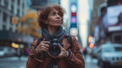 A senior female professional photographer, with her camera in hand, looks around at the downtown - obrazy, fototapety, plakaty