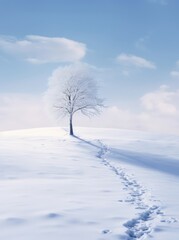 Fototapeta na wymiar Lonely isolated tree sits on snowy hill top on clear day 