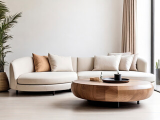 Blank Poster Frame mockup on white wall living room, modern interior with plant, tea Table, White sofa