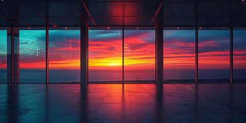 Horizon line at sunset view through a window, Home interior in anime style neon backlight contours View from the window 