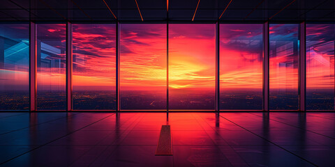 Winter sunset halftone lines through window, office sky contemporary interior room modern concept
