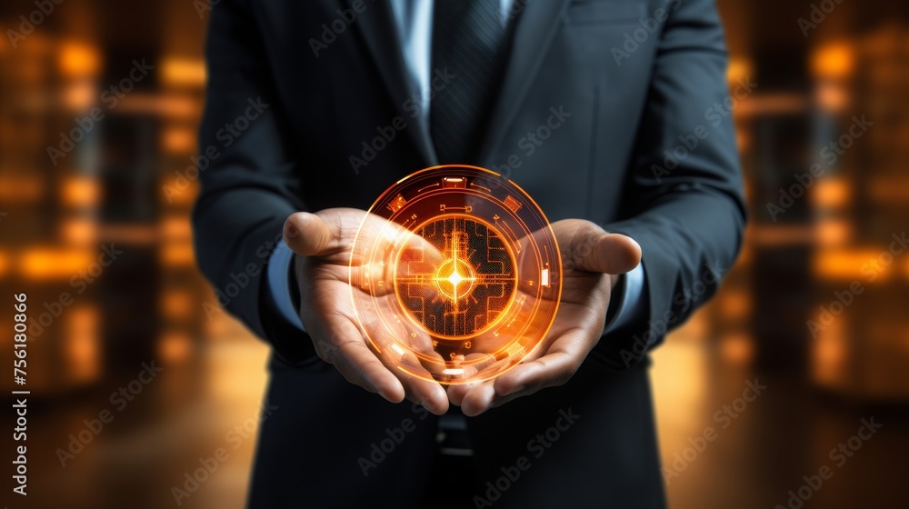 Poster businessman holding security button on virtual screens, technology internet and networking concept