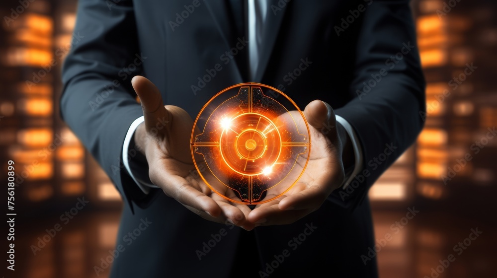 Poster businessman holding security button on virtual screens, technology internet and networking concept