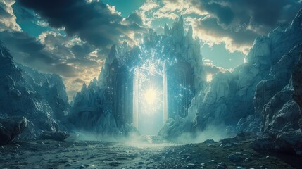 Gate of Transcendence, Capture the majesty of the gate of heaven, a threshold between the mortal world and the infinite expanse beyond