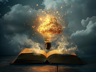 An open book emitting a glowing, light bulb-shaped burst of energy under a stormy sky, symbolizing ideas and inspiration.