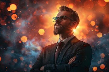 Stylish businessman exuding confidence against an abstract cosmic light backdrop, conceptual portrait.