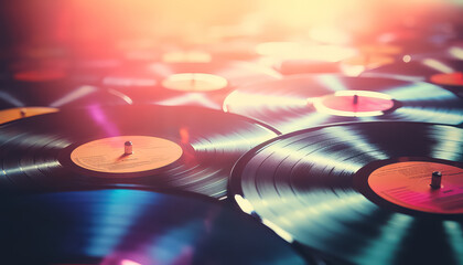 A collection of colorful records with a bright, vibrant look - obrazy, fototapety, plakaty