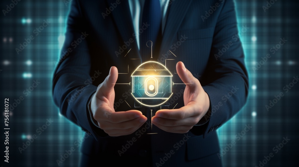 Poster businessman holding security button on virtual screens, technology internet and networking concept