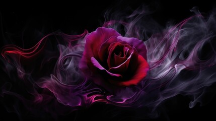 A purple rose wrapped in red smoke swirl, creating a captivating scene on a black background. Ai Generated.