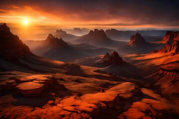 Sunrise over rugged plateaus, a silent awakening of geological wonders. - obrazy, fototapety, plakaty