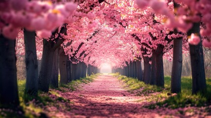 A picturesque alley adorned with cherry blossoms, capturing the enchanting beauty of spring. Ai Generated.